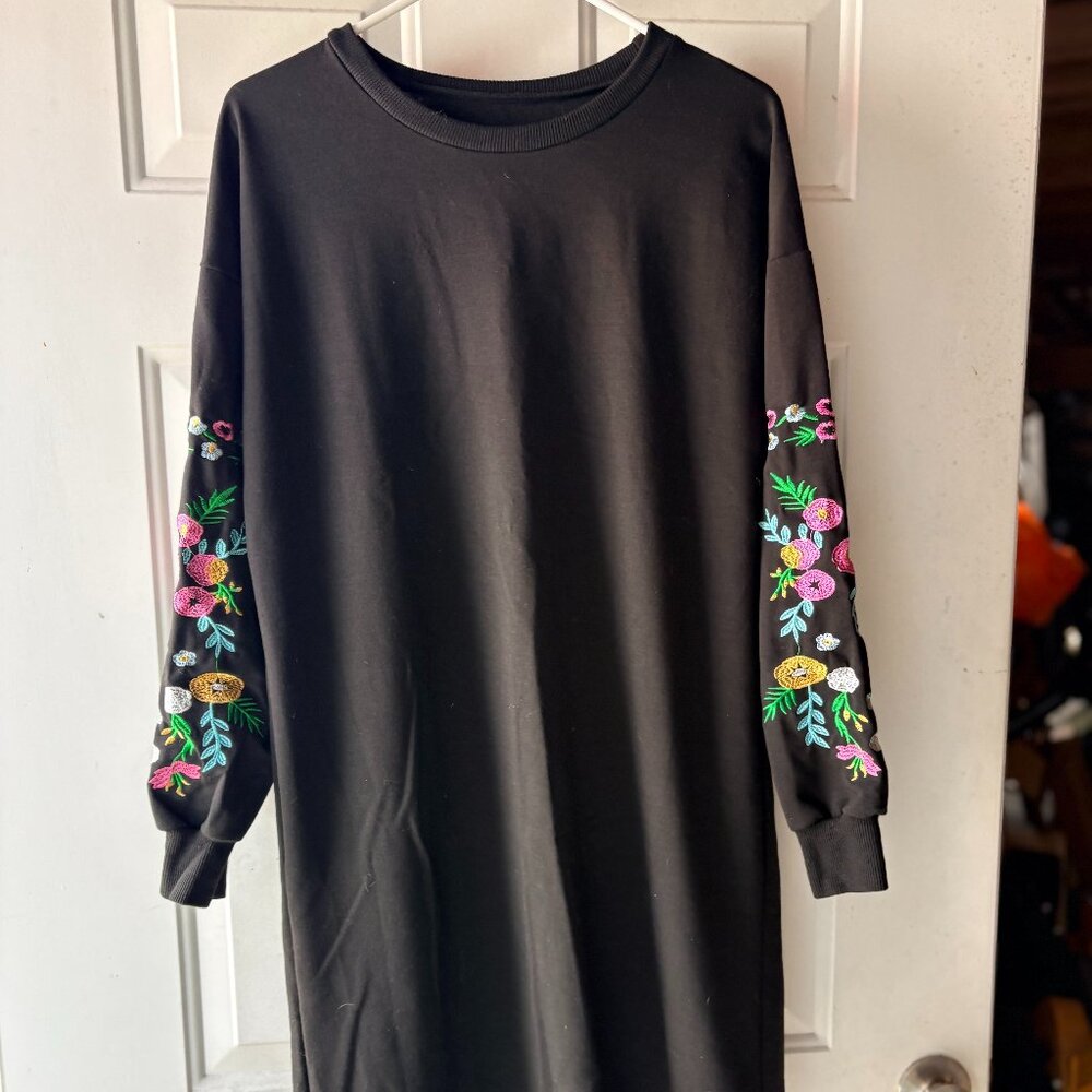 Black Sweatshirt Dress w/ Floral Sleeves